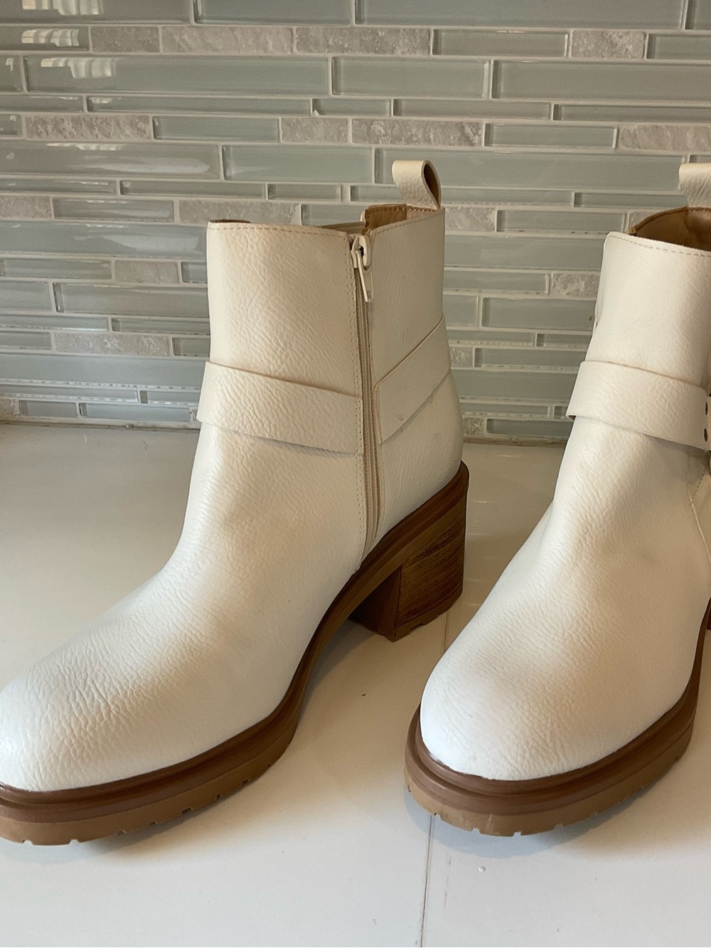 Altar'd State Cream Leather Block Heel Ankle Boots